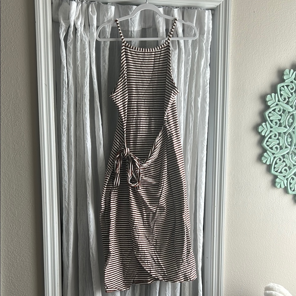 Brown and White Striped Faux Wrap Sleeveless Dress